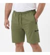 Thumbnail Khaki utility fleece shorts, worn front view.